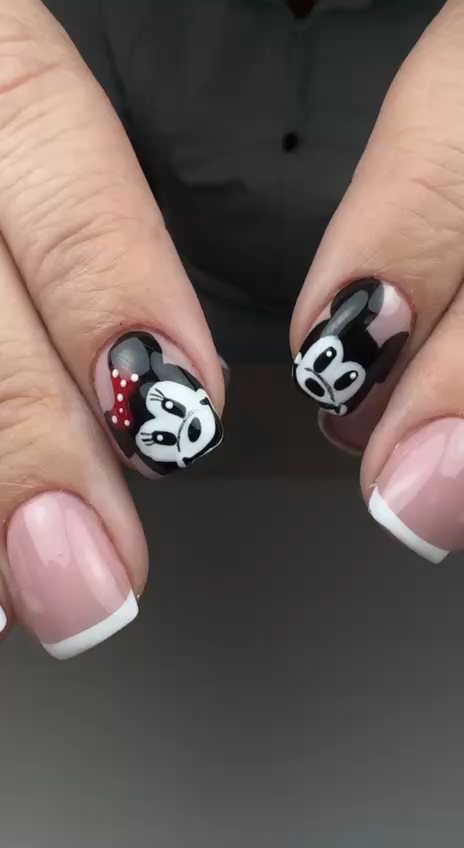 Short square French manicure with hand-painted Mickey and Minnie Mouse accent nails at Paradisse Studio, Richmond Hill