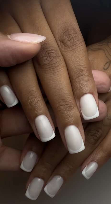 Short square milky French manicure with crisp white tips at Paradisse Studio, Richmond Hill